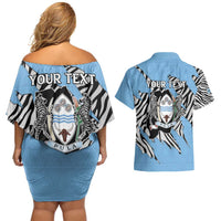 Personalized Botswana Couples Matching Off Shoulder Short Dress and Hawaiian Shirt Coat Of Arms With Map - African and Zebra Patterns