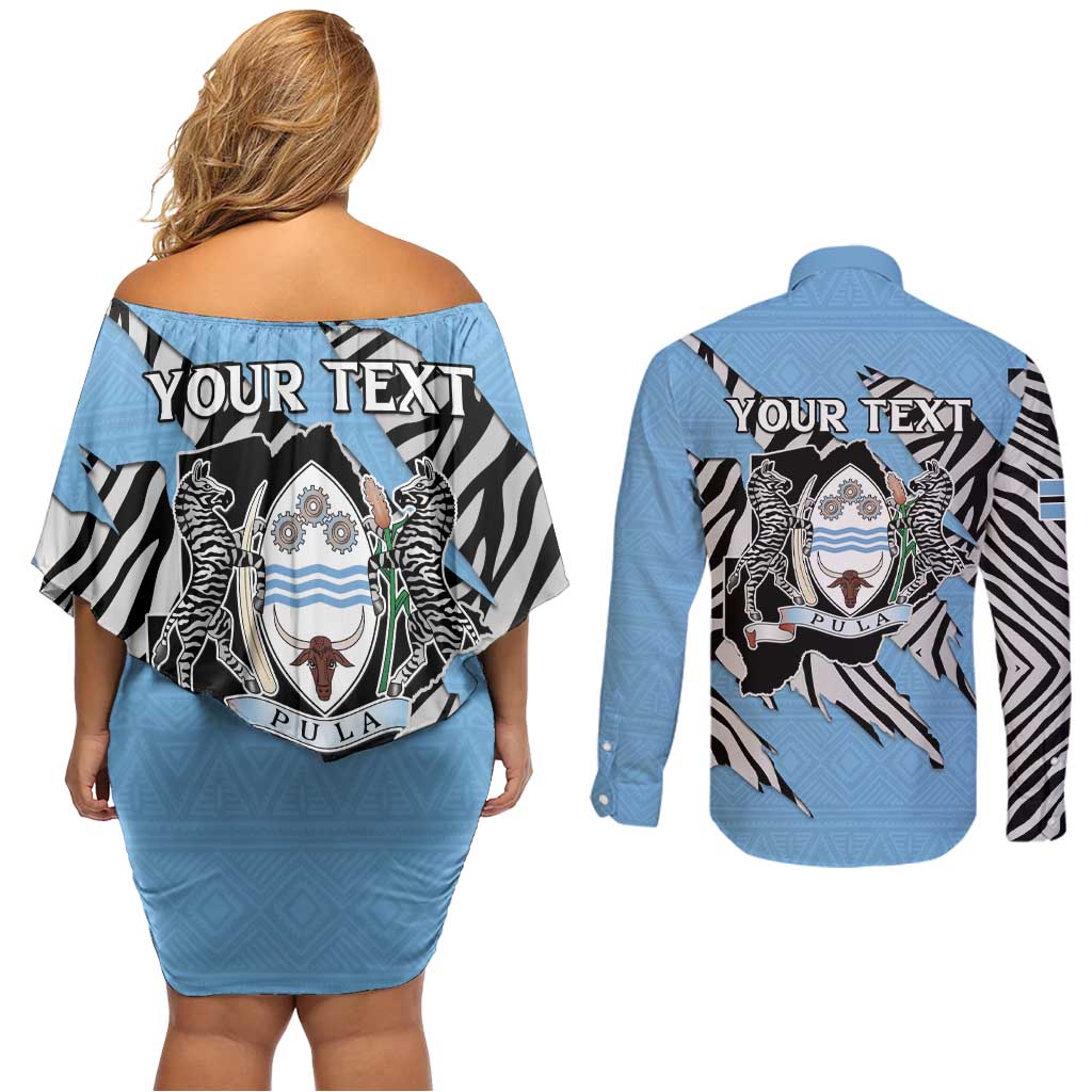 Personalized Botswana Couples Matching Off Shoulder Short Dress and Long Sleeve Button Shirt Coat Of Arms With Map - African and Zebra Patterns