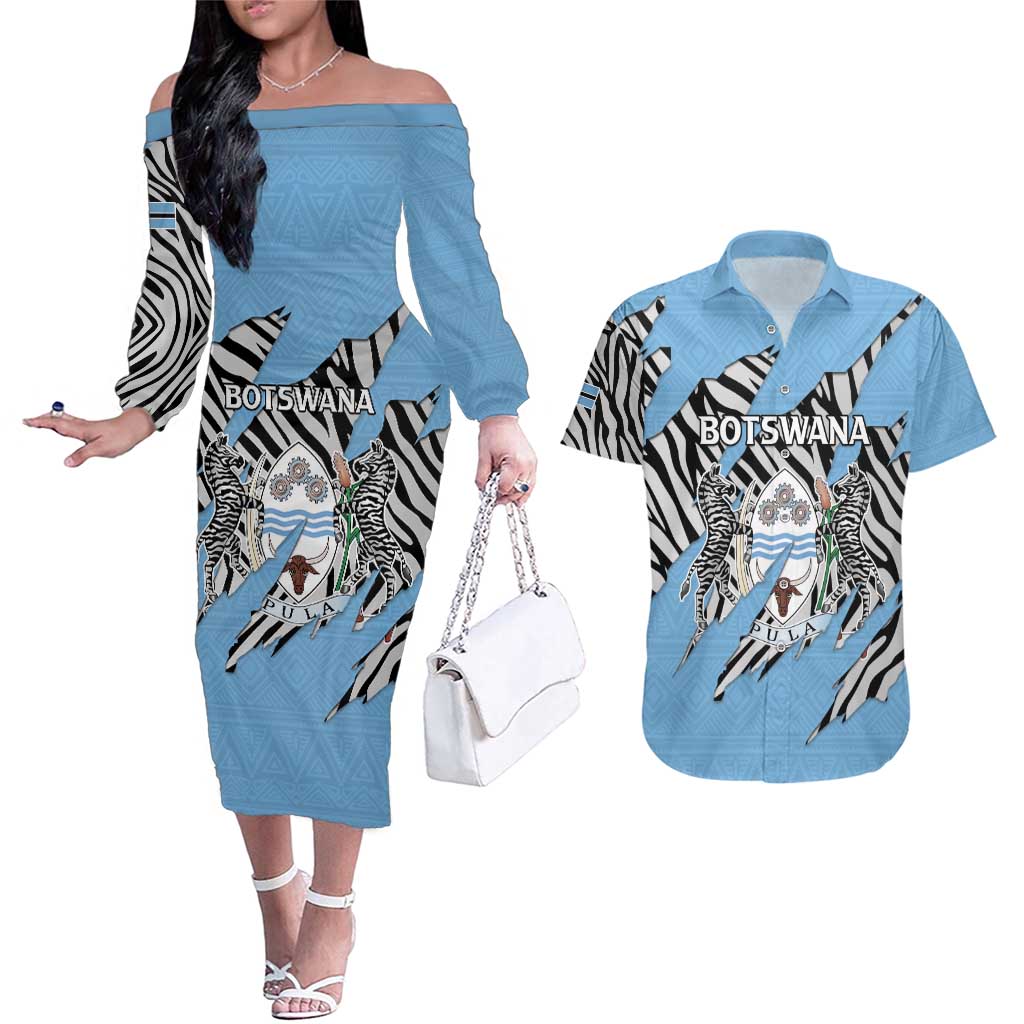 Personalized Botswana Couples Matching Off The Shoulder Long Sleeve Dress and Hawaiian Shirt Coat Of Arms With Map - African and Zebra Patterns