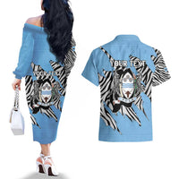 Personalized Botswana Couples Matching Off The Shoulder Long Sleeve Dress and Hawaiian Shirt Coat Of Arms With Map - African and Zebra Patterns