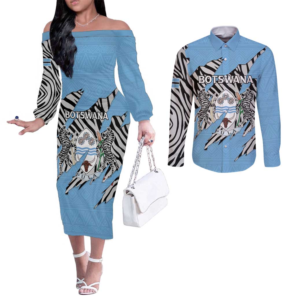 Personalized Botswana Couples Matching Off The Shoulder Long Sleeve Dress and Long Sleeve Button Shirt Coat Of Arms With Map - African and Zebra Patterns