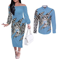 Personalized Botswana Couples Matching Off The Shoulder Long Sleeve Dress and Long Sleeve Button Shirt Coat Of Arms With Map - African and Zebra Patterns
