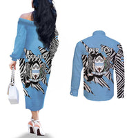 Personalized Botswana Couples Matching Off The Shoulder Long Sleeve Dress and Long Sleeve Button Shirt Coat Of Arms With Map - African and Zebra Patterns
