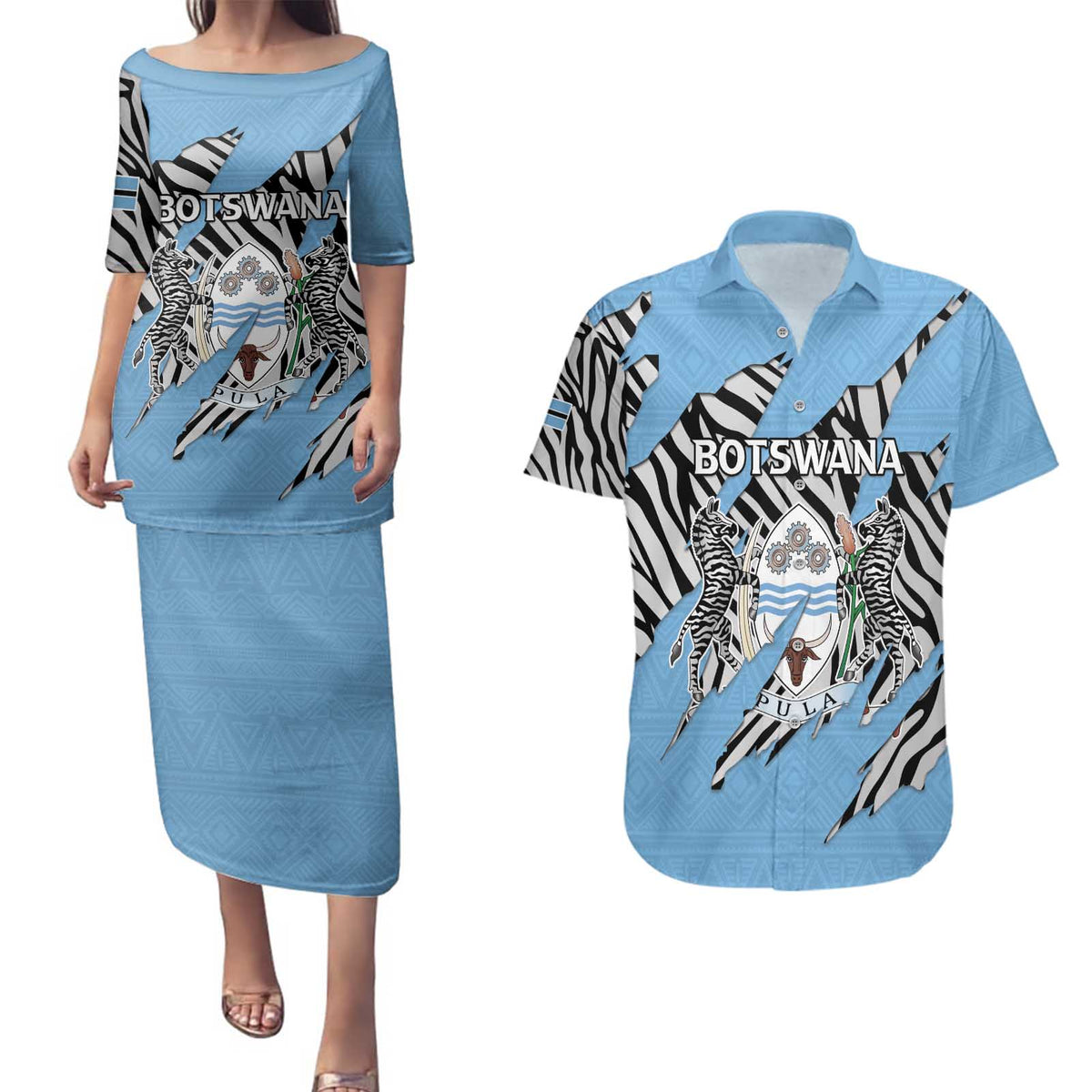 Personalized Botswana Couples Matching Puletasi and Hawaiian Shirt Coat Of Arms With Map - African and Zebra Patterns