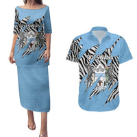 Personalized Botswana Couples Matching Puletasi and Hawaiian Shirt Coat Of Arms With Map - African and Zebra Patterns