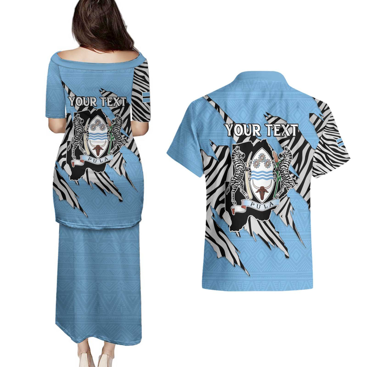 Personalized Botswana Couples Matching Puletasi and Hawaiian Shirt Coat Of Arms With Map - African and Zebra Patterns