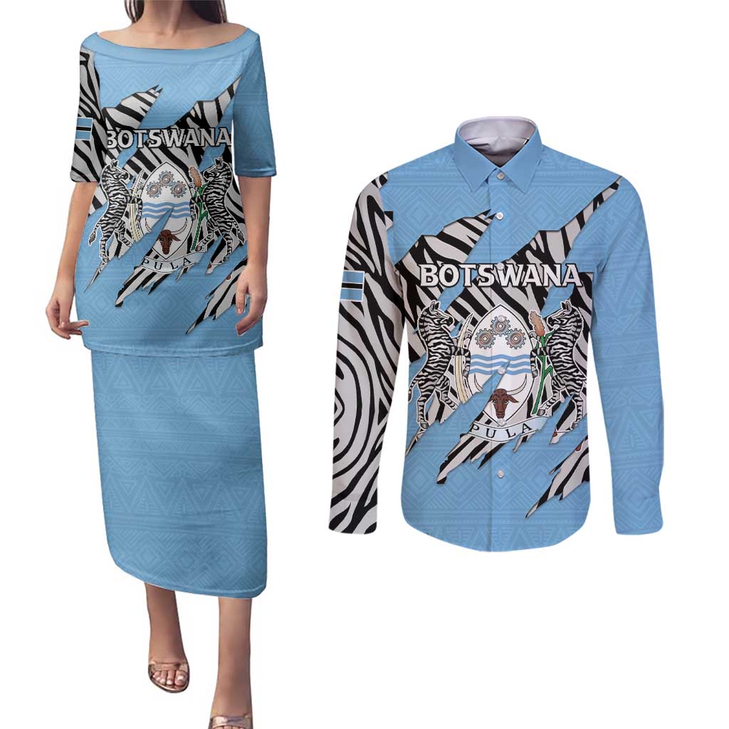 Personalized Botswana Couples Matching Puletasi and Long Sleeve Button Shirt Coat Of Arms With Map - African and Zebra Patterns