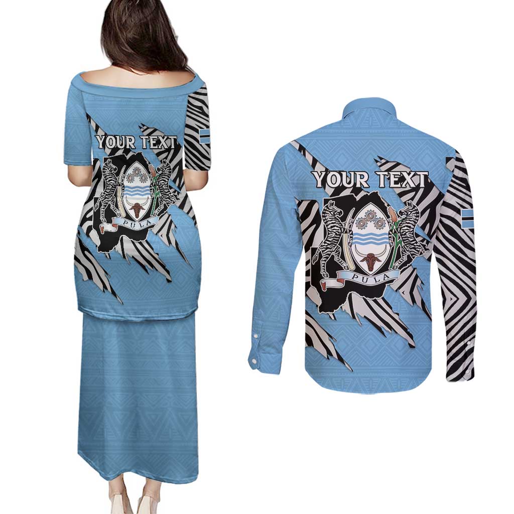 Personalized Botswana Couples Matching Puletasi and Long Sleeve Button Shirt Coat Of Arms With Map - African and Zebra Patterns