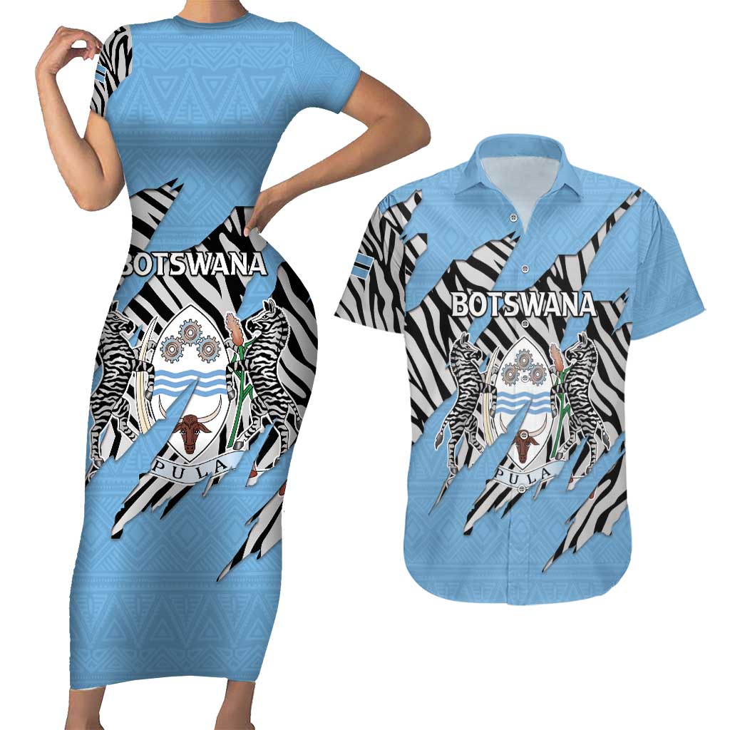 Personalized Botswana Couples Matching Short Sleeve Bodycon Dress and Hawaiian Shirt Coat Of Arms With Map - African and Zebra Patterns