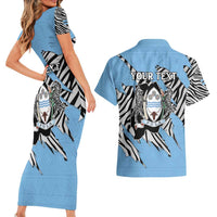 Personalized Botswana Couples Matching Short Sleeve Bodycon Dress and Hawaiian Shirt Coat Of Arms With Map - African and Zebra Patterns