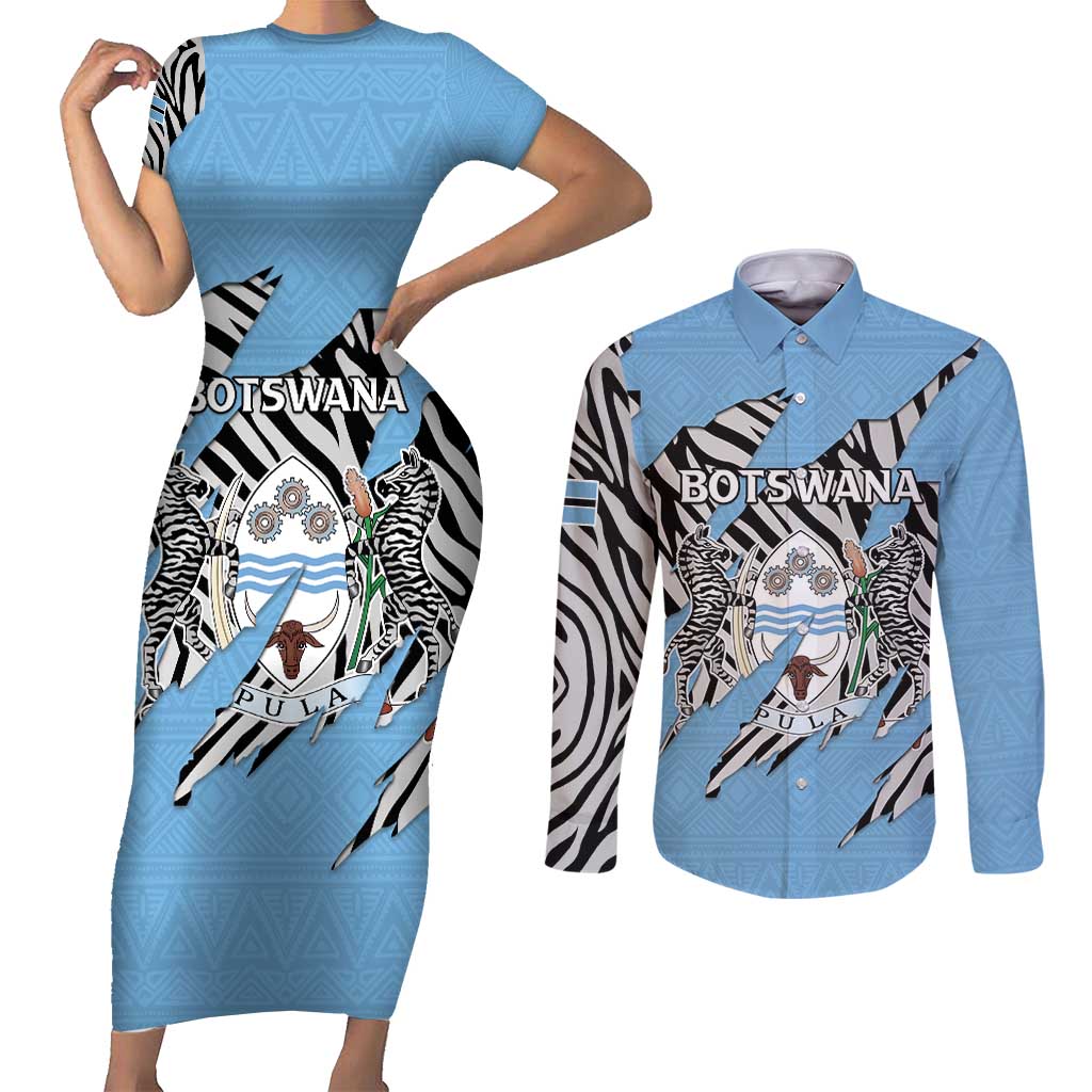 Personalized Botswana Couples Matching Short Sleeve Bodycon Dress and Long Sleeve Button Shirt Coat Of Arms With Map - African and Zebra Patterns