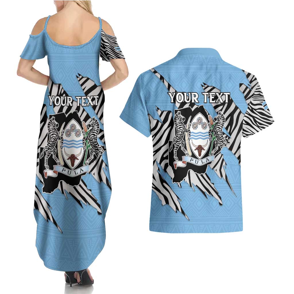 Personalized Botswana Couples Matching Summer Maxi Dress and Hawaiian Shirt Coat Of Arms With Map - African and Zebra Patterns
