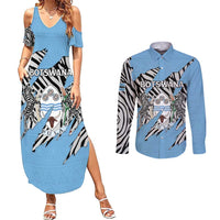 Personalized Botswana Couples Matching Summer Maxi Dress and Long Sleeve Button Shirt Coat Of Arms With Map - African and Zebra Patterns