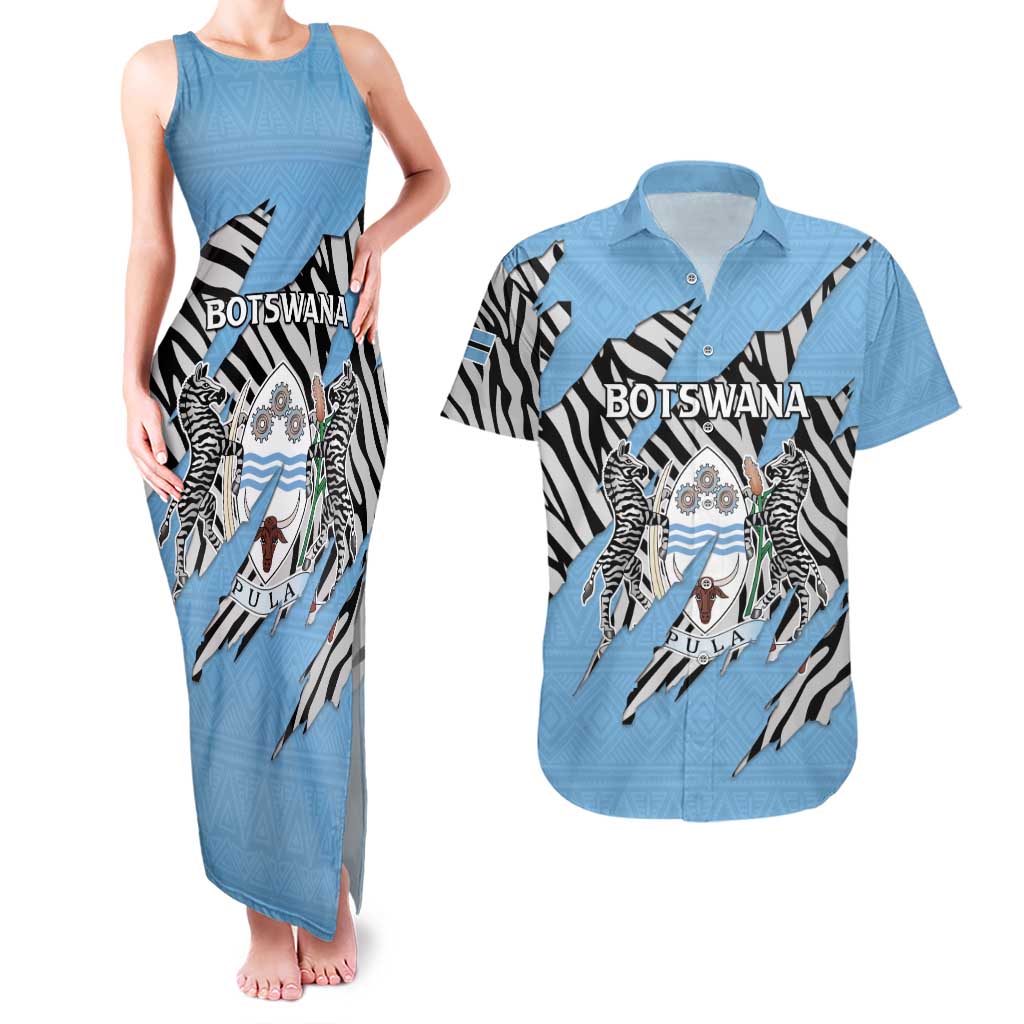 Personalized Botswana Couples Matching Tank Maxi Dress and Hawaiian Shirt Coat Of Arms With Map - African and Zebra Patterns