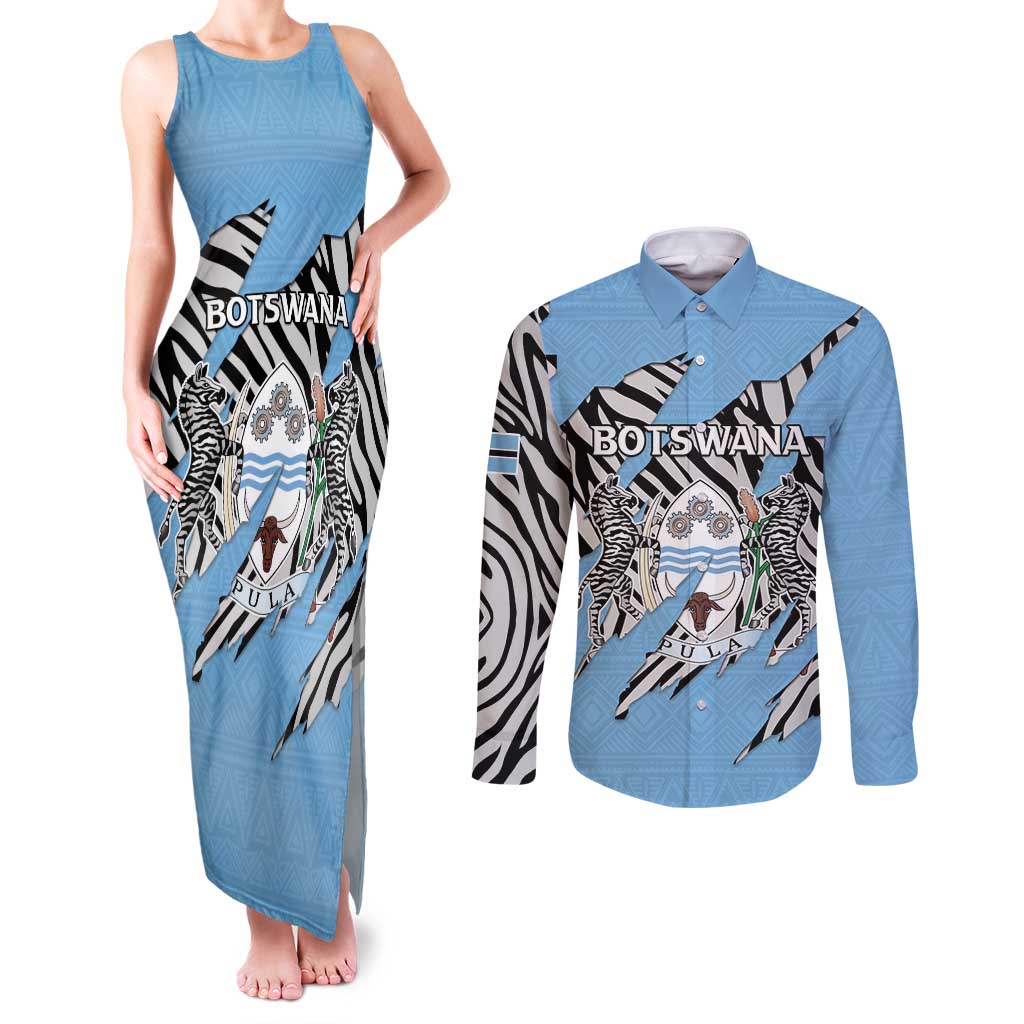 Personalized Botswana Couples Matching Tank Maxi Dress and Long Sleeve Button Shirt Coat Of Arms With Map - African and Zebra Patterns