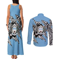 Personalized Botswana Couples Matching Tank Maxi Dress and Long Sleeve Button Shirt Coat Of Arms With Map - African and Zebra Patterns