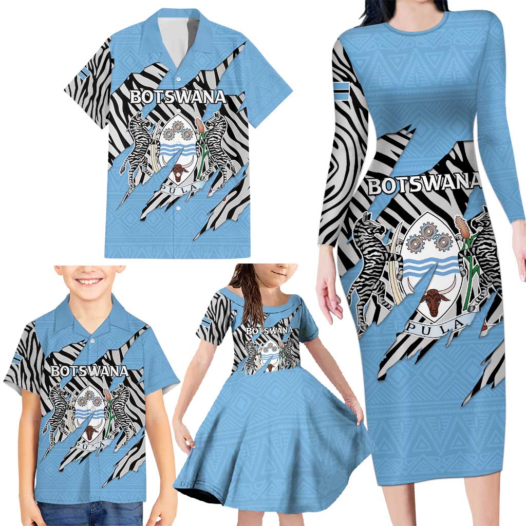 Personalized Botswana Family Matching Long Sleeve Bodycon Dress and Hawaiian Shirt Coat Of Arms With Map - African and Zebra Patterns