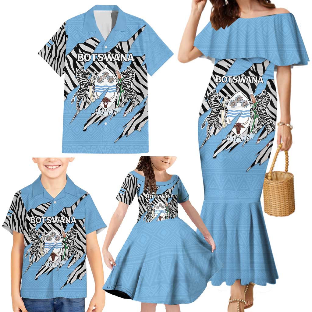 Personalized Botswana Family Matching Mermaid Dress and Hawaiian Shirt Coat Of Arms With Map - African and Zebra Patterns