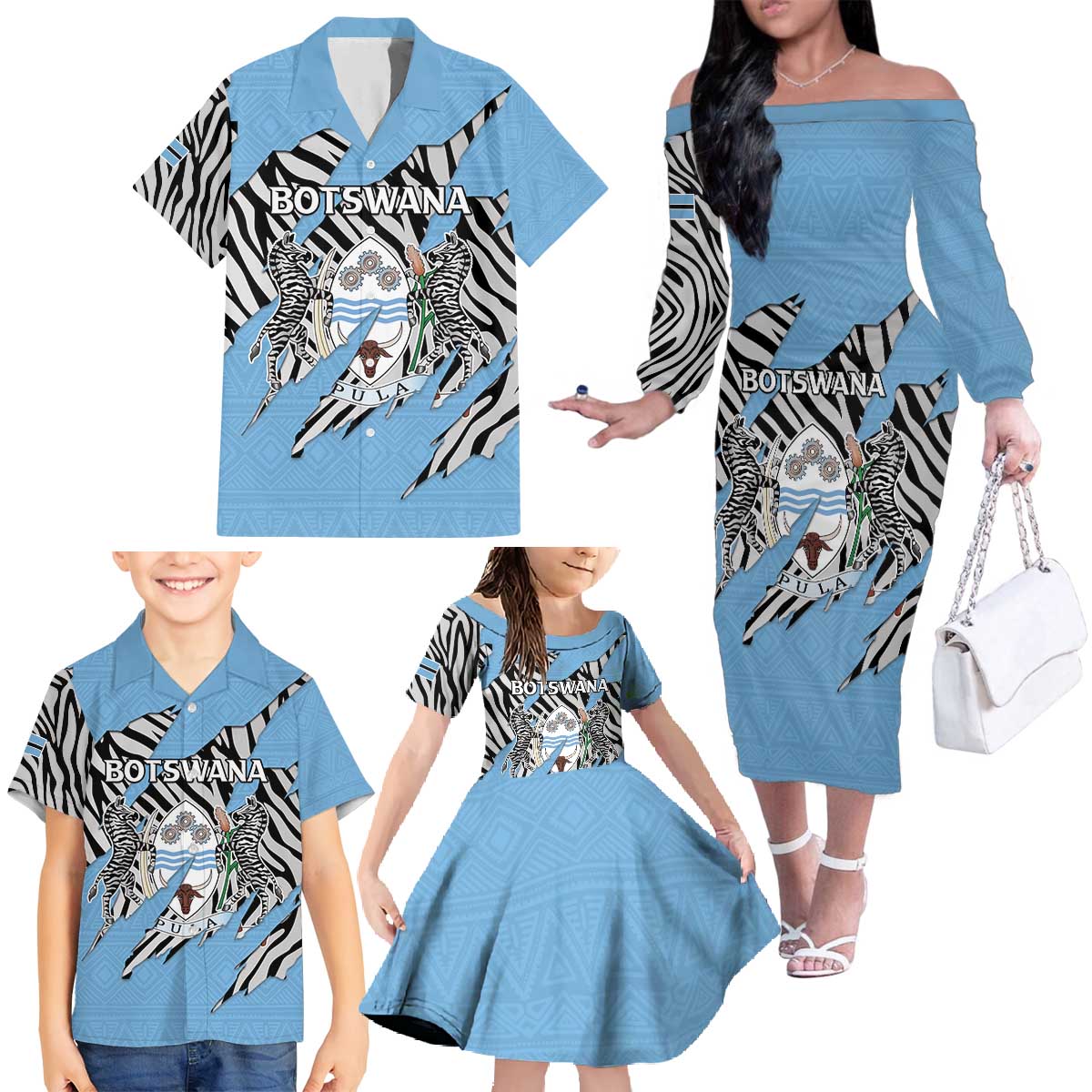 Personalized Botswana Family Matching Off The Shoulder Long Sleeve Dress and Hawaiian Shirt Coat Of Arms With Map - African and Zebra Patterns