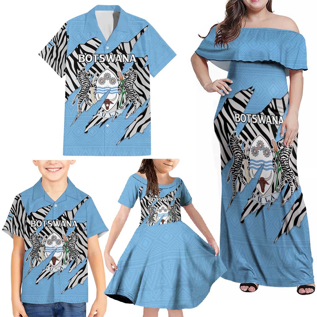 Personalized Botswana Family Matching Off Shoulder Maxi Dress and Hawaiian Shirt Coat Of Arms With Map - African and Zebra Patterns