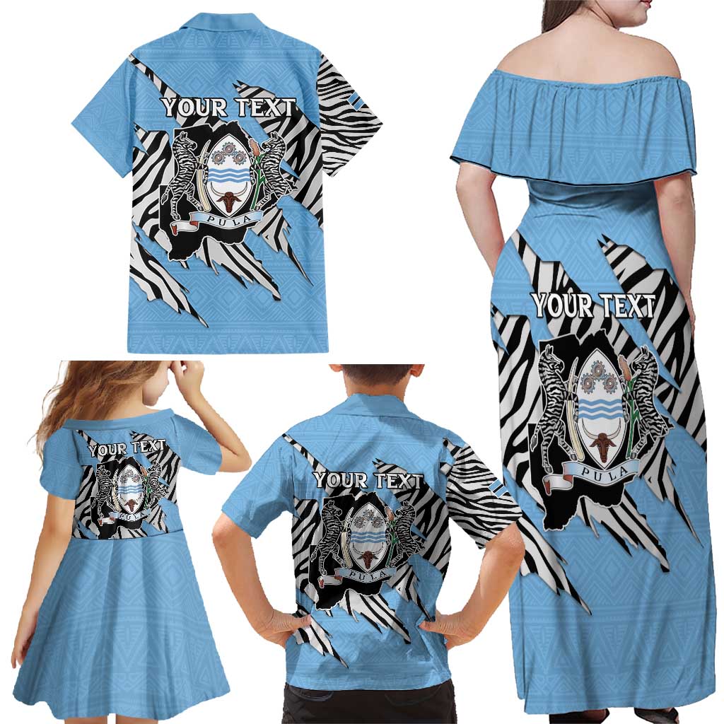 Personalized Botswana Family Matching Off Shoulder Maxi Dress and Hawaiian Shirt Coat Of Arms With Map - African and Zebra Patterns