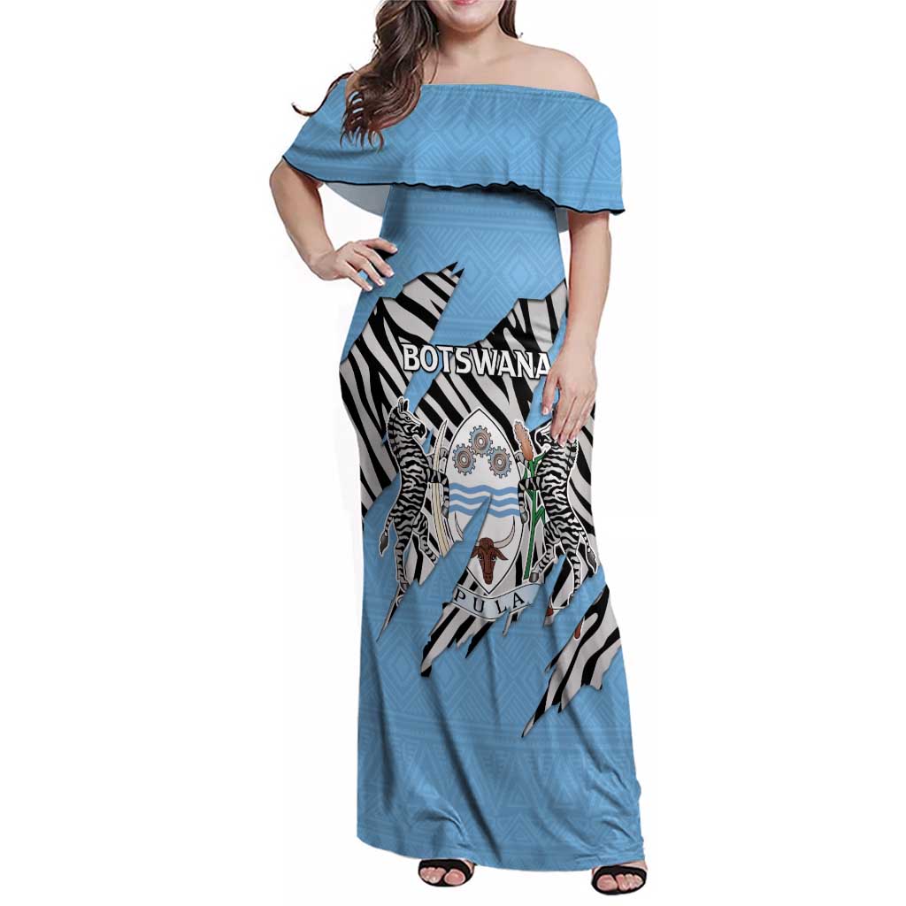 Personalized Botswana Family Matching Off Shoulder Maxi Dress and Hawaiian Shirt Coat Of Arms With Map - African and Zebra Patterns