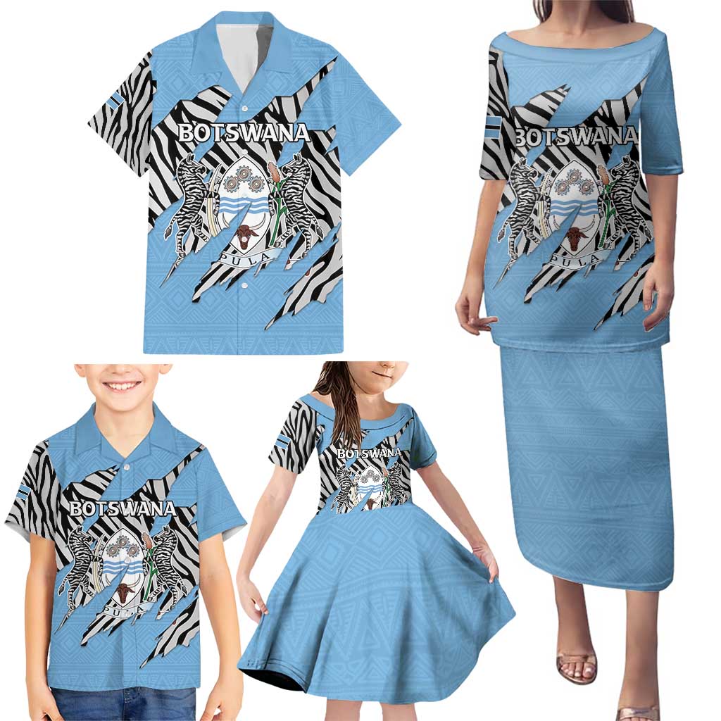 Personalized Botswana Family Matching Puletasi and Hawaiian Shirt Coat Of Arms With Map - African and Zebra Patterns