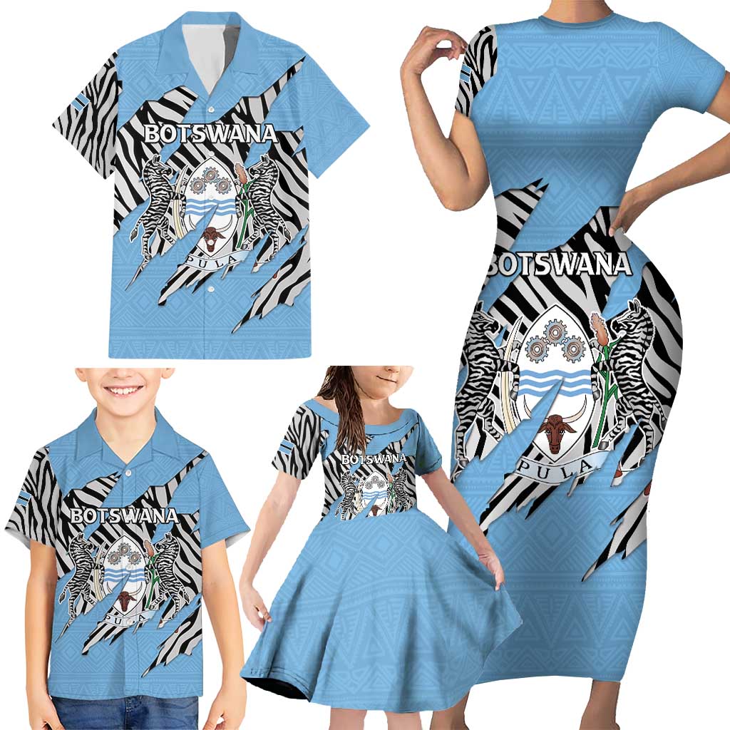 Personalized Botswana Family Matching Short Sleeve Bodycon Dress and Hawaiian Shirt Coat Of Arms With Map - African and Zebra Patterns