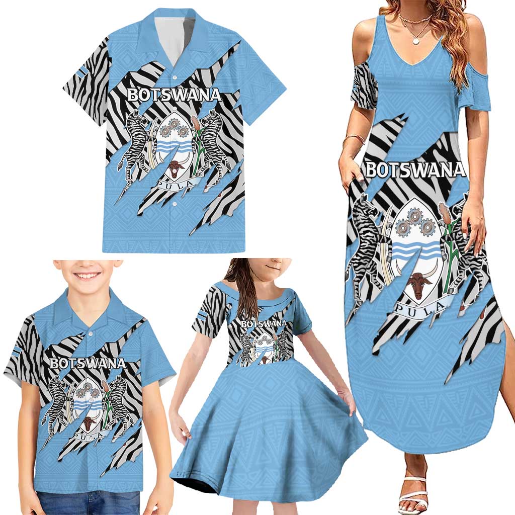 Personalized Botswana Family Matching Summer Maxi Dress and Hawaiian Shirt Coat Of Arms With Map - African and Zebra Patterns