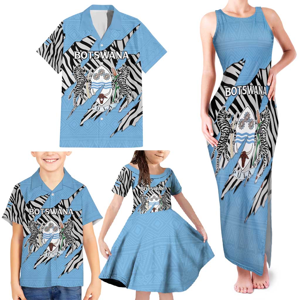 Personalized Botswana Family Matching Tank Maxi Dress and Hawaiian Shirt Coat Of Arms With Map - African and Zebra Patterns