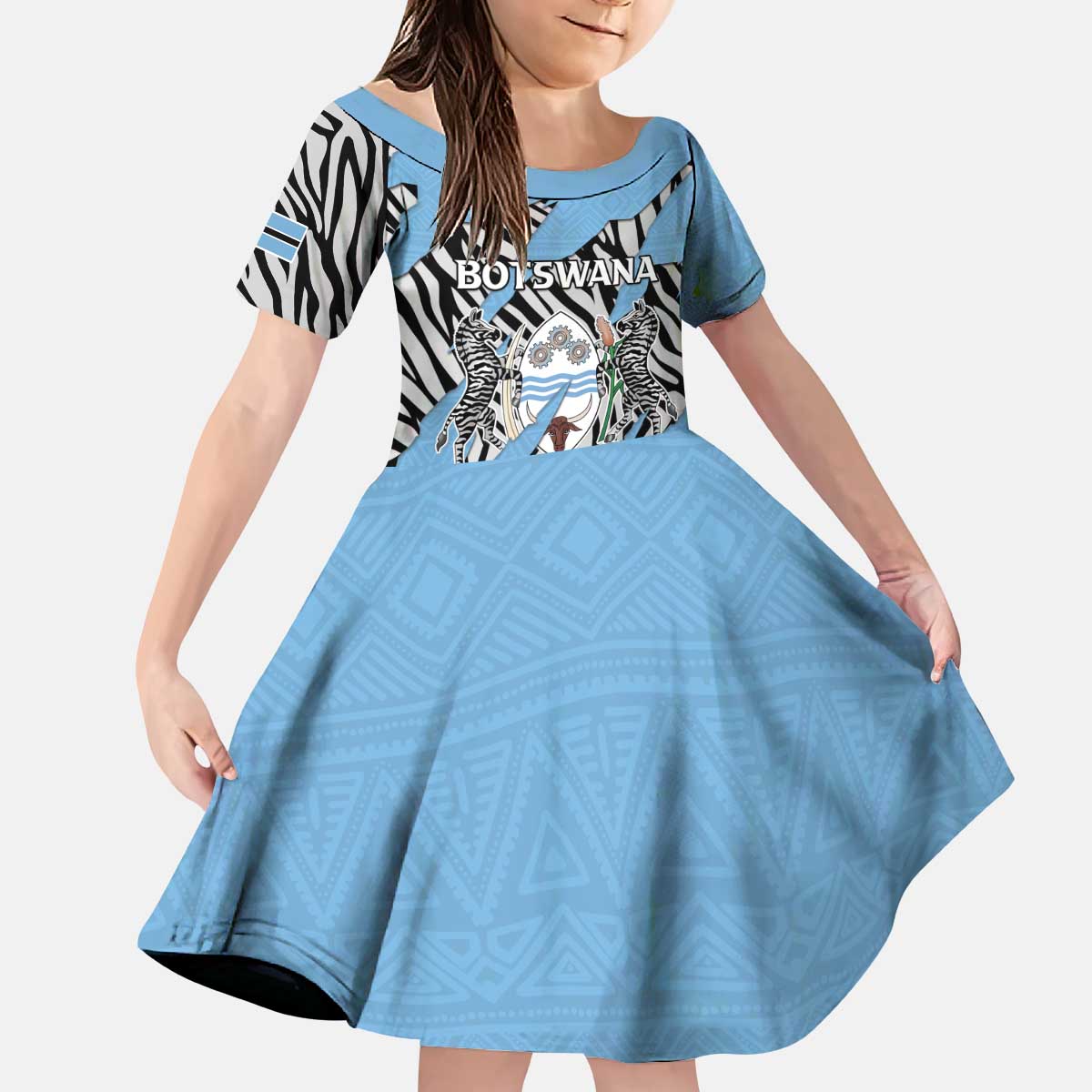 Personalized Botswana Kid Short Sleeve Dress Coat Of Arms With Map - African and Zebra Patterns