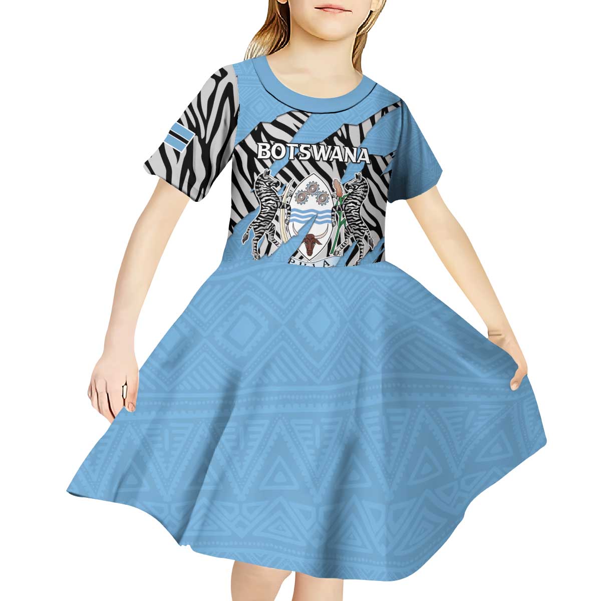 Personalized Botswana Kid Short Sleeve Dress Coat Of Arms With Map - African and Zebra Patterns