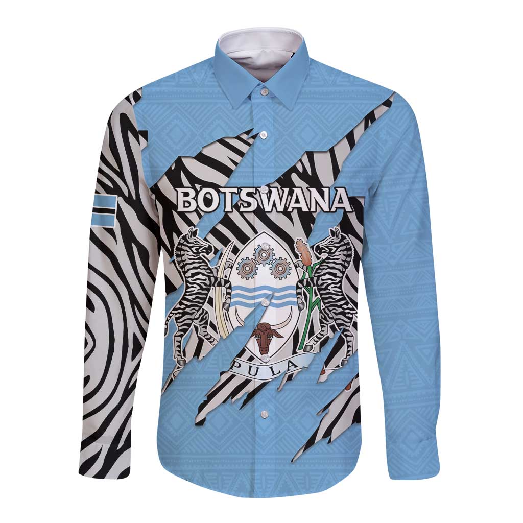 Personalized Botswana Long Sleeve Button Shirt Coat Of Arms With Map - African and Zebra Patterns