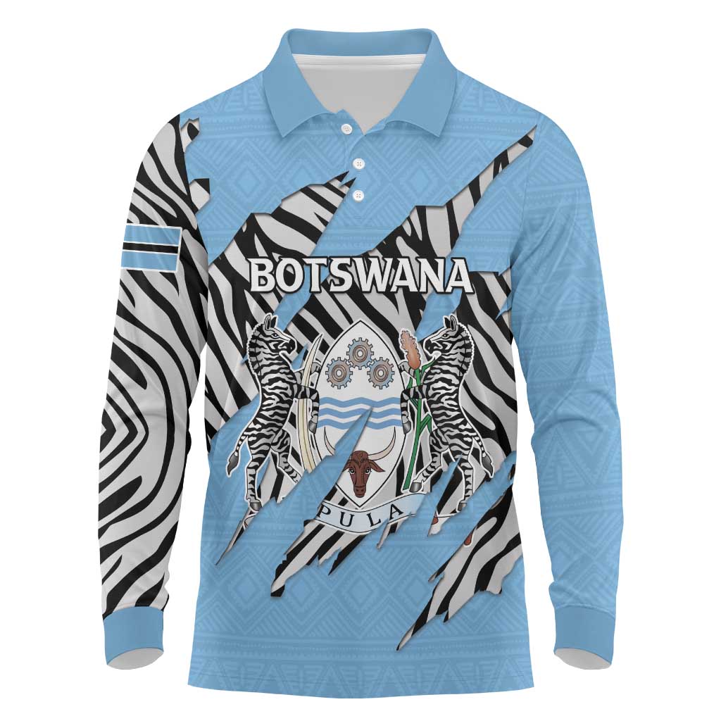 Personalized Botswana Long Sleeve Polo Shirt Coat Of Arms With Map - African and Zebra Patterns