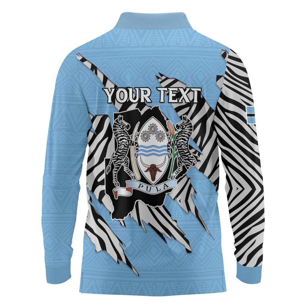 Personalized Botswana Long Sleeve Polo Shirt Coat Of Arms With Map - African and Zebra Patterns