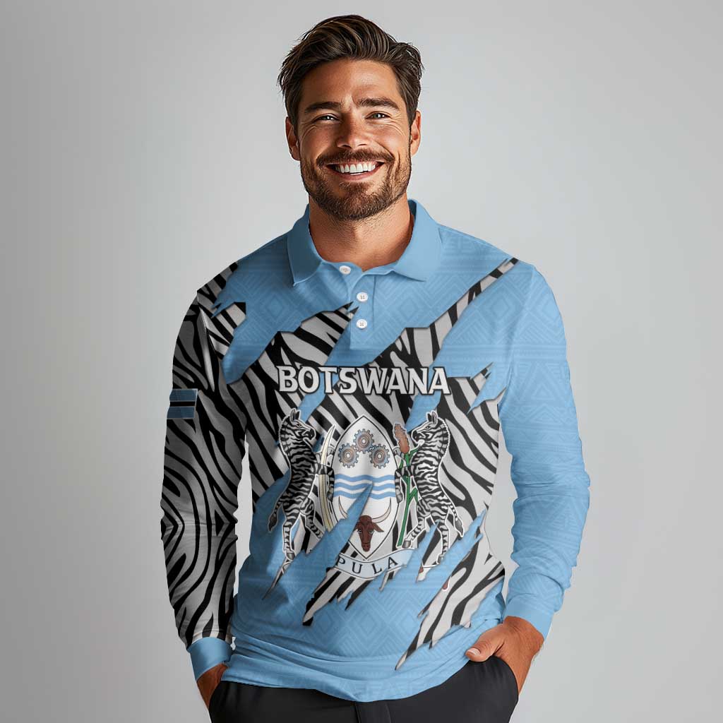 Personalized Botswana Long Sleeve Polo Shirt Coat Of Arms With Map - African and Zebra Patterns