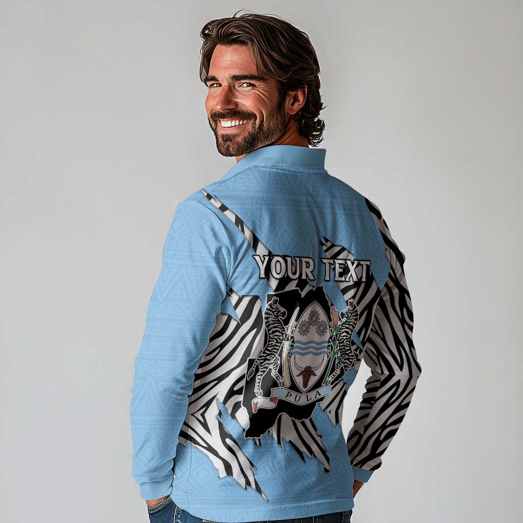 Personalized Botswana Long Sleeve Polo Shirt Coat Of Arms With Map - African and Zebra Patterns