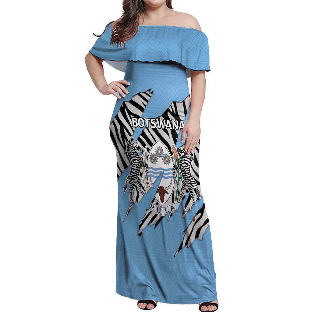 Personalized Botswana Off Shoulder Maxi Dress Coat Of Arms With Map - African and Zebra Patterns