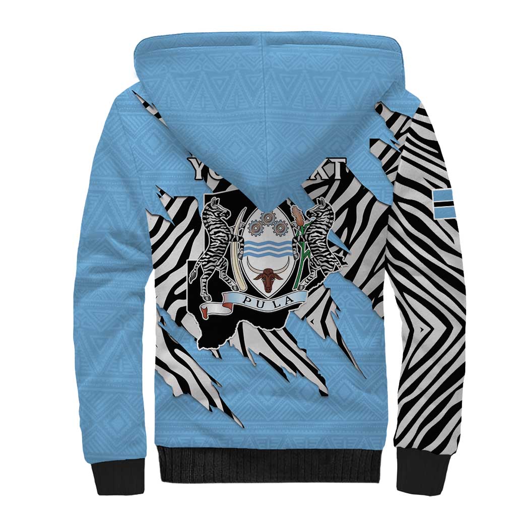 Personalized Botswana Sherpa Hoodie Coat Of Arms With Map - African and Zebra Patterns