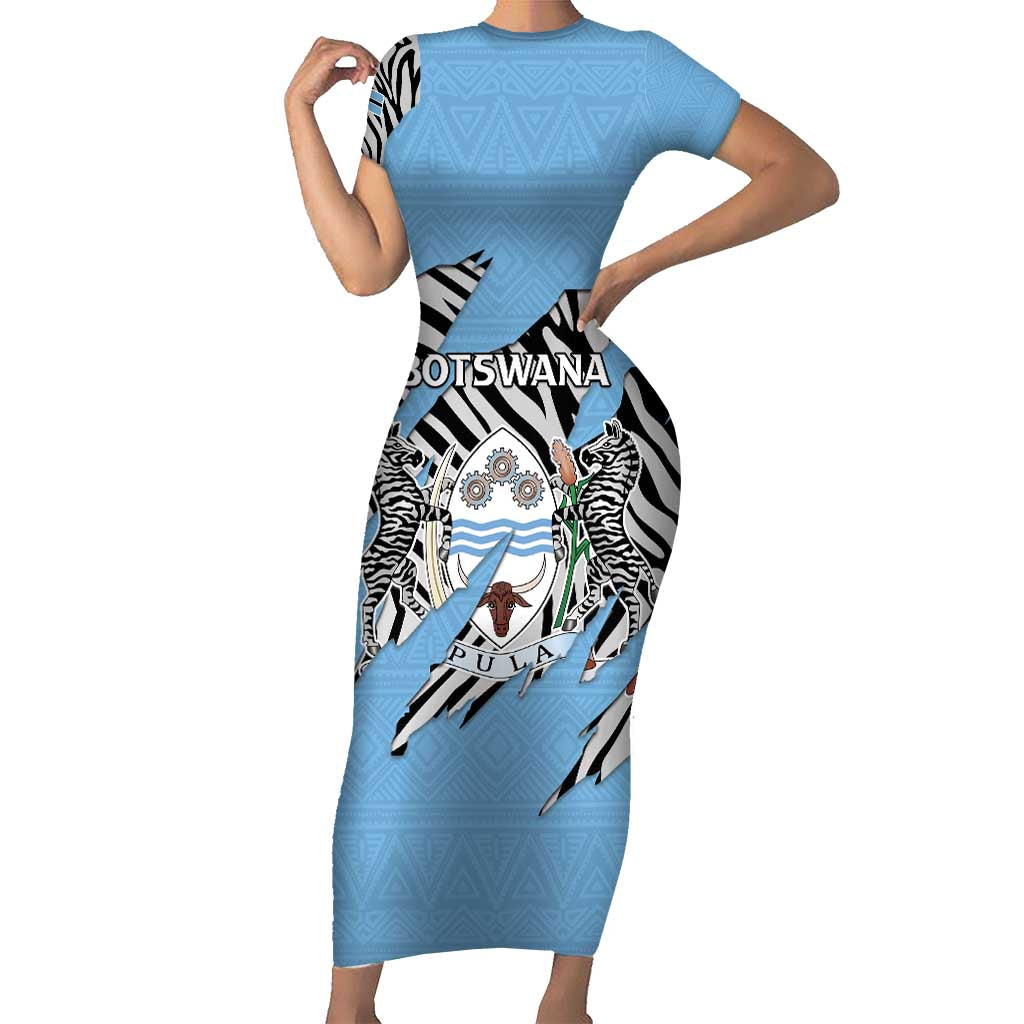 Personalized Botswana Short Sleeve Bodycon Dress Coat Of Arms With Map - African and Zebra Patterns