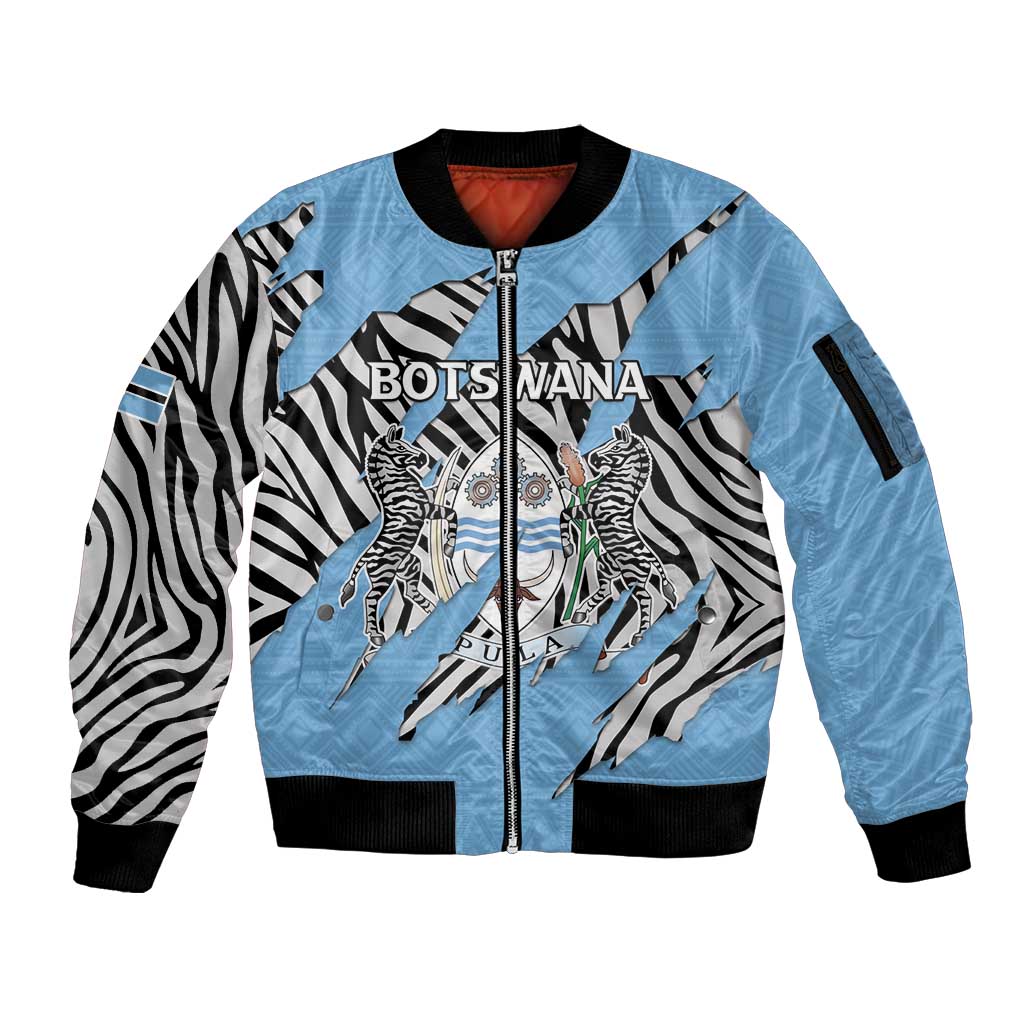 Personalized Botswana Sleeve Zip Bomber Jacket Coat Of Arms With Map - African and Zebra Patterns