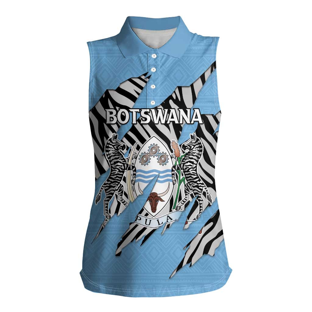 Personalized Botswana Women Sleeveless Polo Shirt Coat Of Arms With Map - African and Zebra Patterns