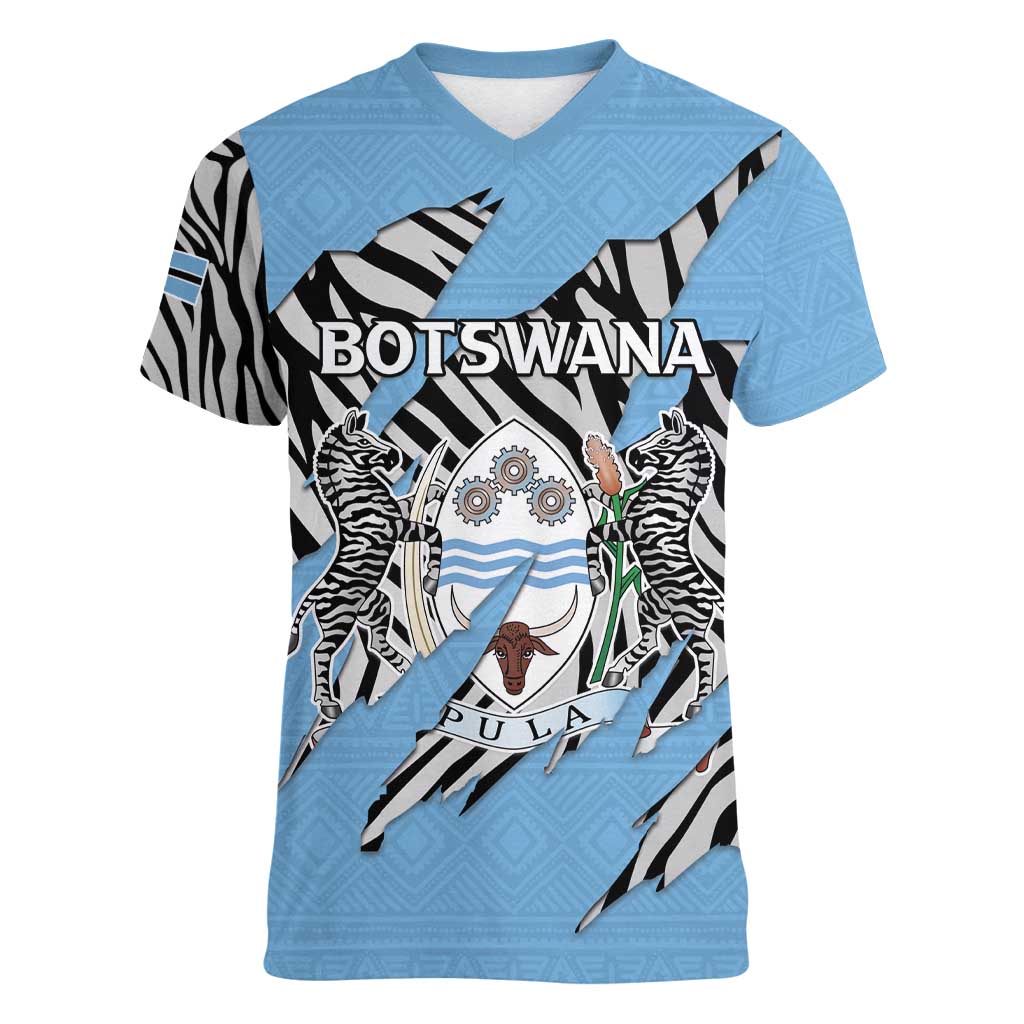 Personalized Botswana Women V-Neck T-Shirt Coat Of Arms With Map - African and Zebra Patterns