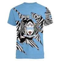 Personalized Botswana Women V-Neck T-Shirt Coat Of Arms With Map - African and Zebra Patterns