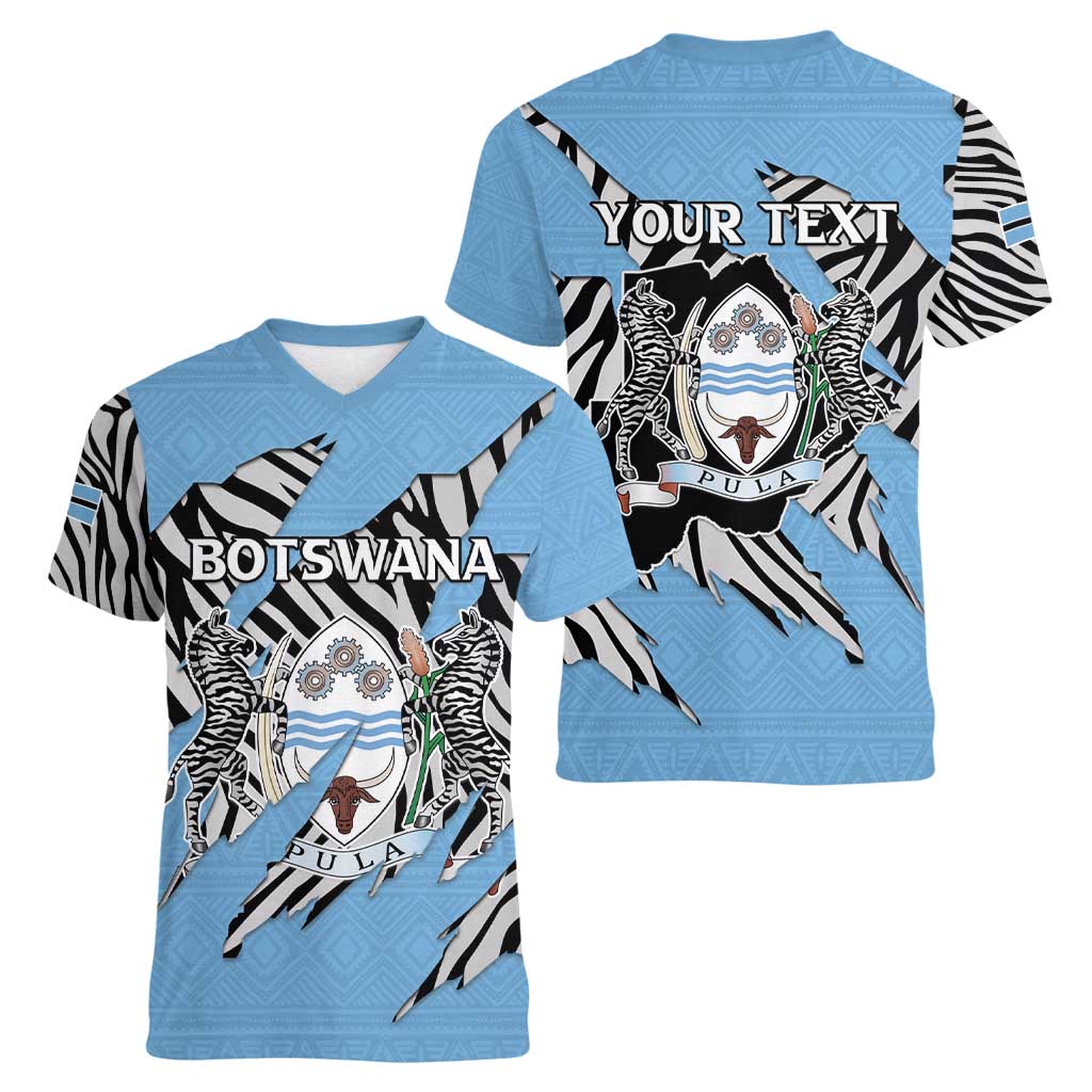 Personalized Botswana Women V-Neck T-Shirt Coat Of Arms With Map - African and Zebra Patterns