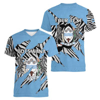 Personalized Botswana Women V-Neck T-Shirt Coat Of Arms With Map - African and Zebra Patterns