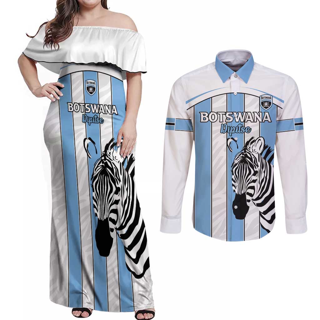 Custom Botswana Football Couples Matching Off Shoulder Maxi Dress and Long Sleeve Button Shirt Come On Zebras