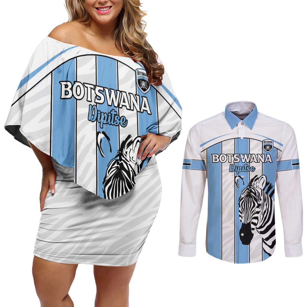 Custom Botswana Football Couples Matching Off Shoulder Short Dress and Long Sleeve Button Shirt Come On Zebras