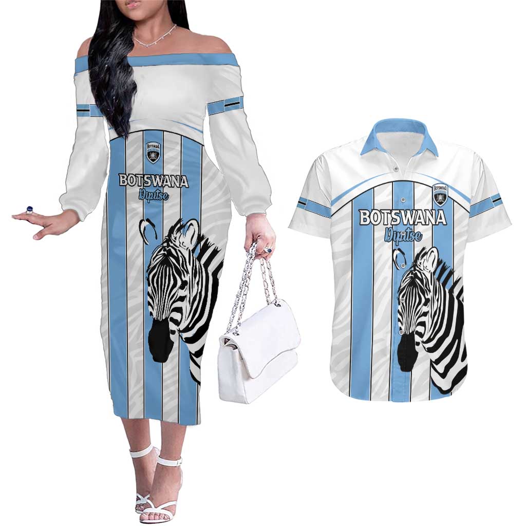 Custom Botswana Football Couples Matching Off The Shoulder Long Sleeve Dress and Hawaiian Shirt Come On Zebras