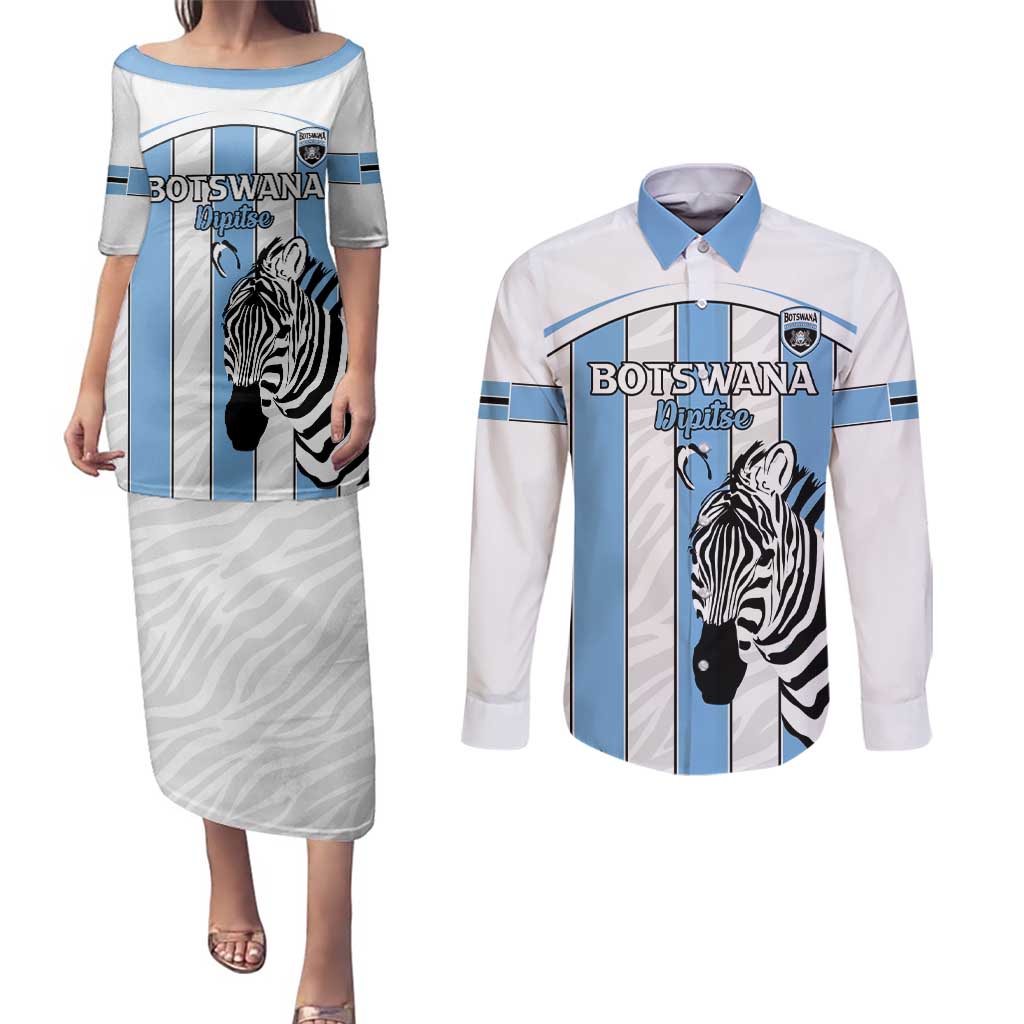 Custom Botswana Football Couples Matching Puletasi and Long Sleeve Button Shirt Come On Zebras